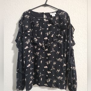 Ariat Women's Black Ruffle Western all-over print blouse size medium